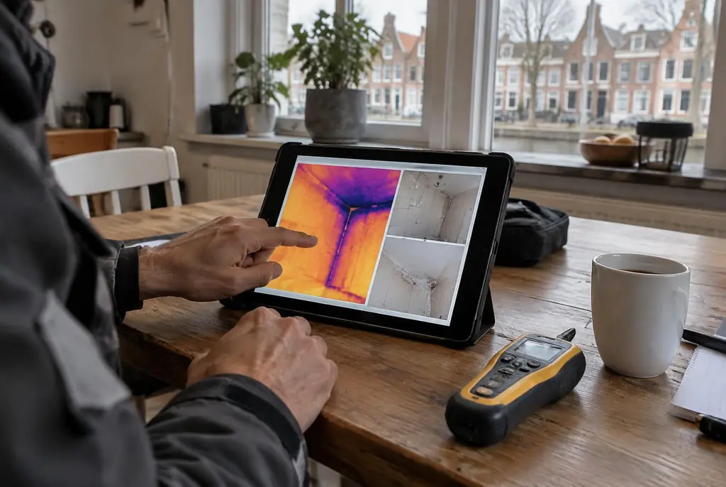 Lekdetectie Loosdrecht – lekdetectierapport met warmtebeelden en foto's op een tablet