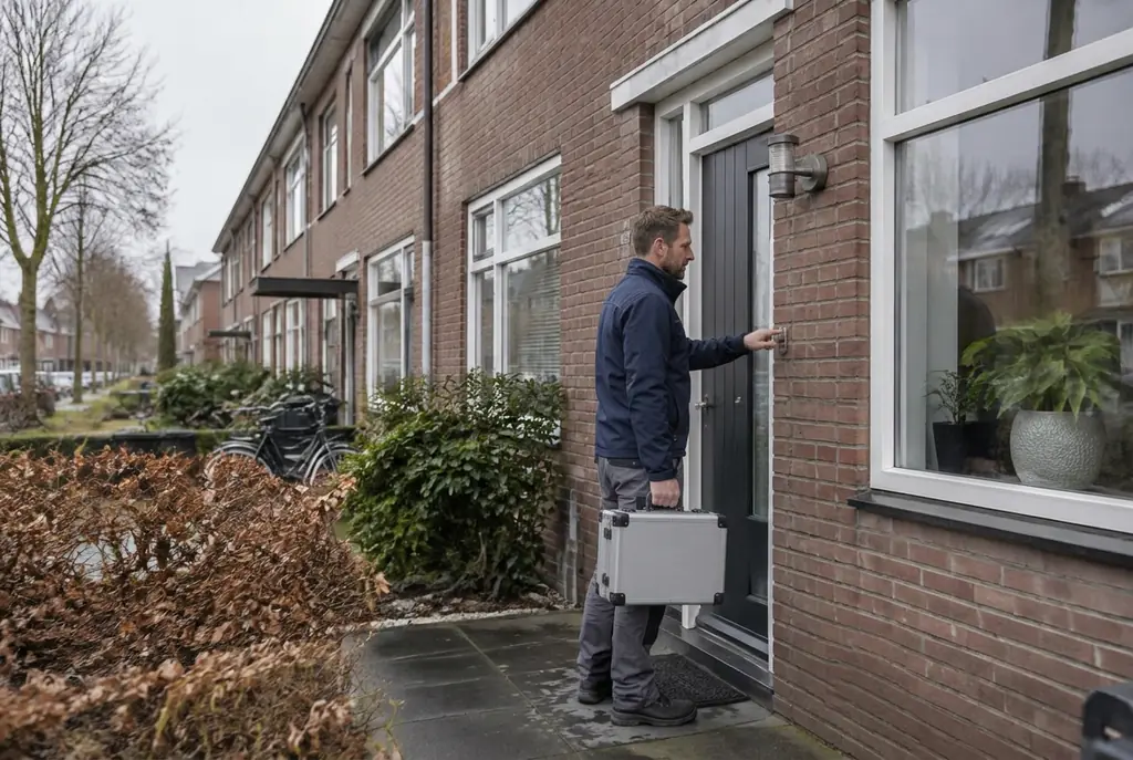 Lekdetectiespecialist met meetkoffer bij de voordeur van een woning in Loosdrecht